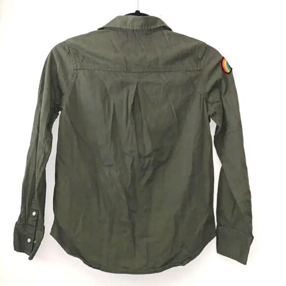 Tractr Olive Green Button-Down Shirt With Fun Patches Rainbow Smiley Face & Cher - Picture 7 of 7
